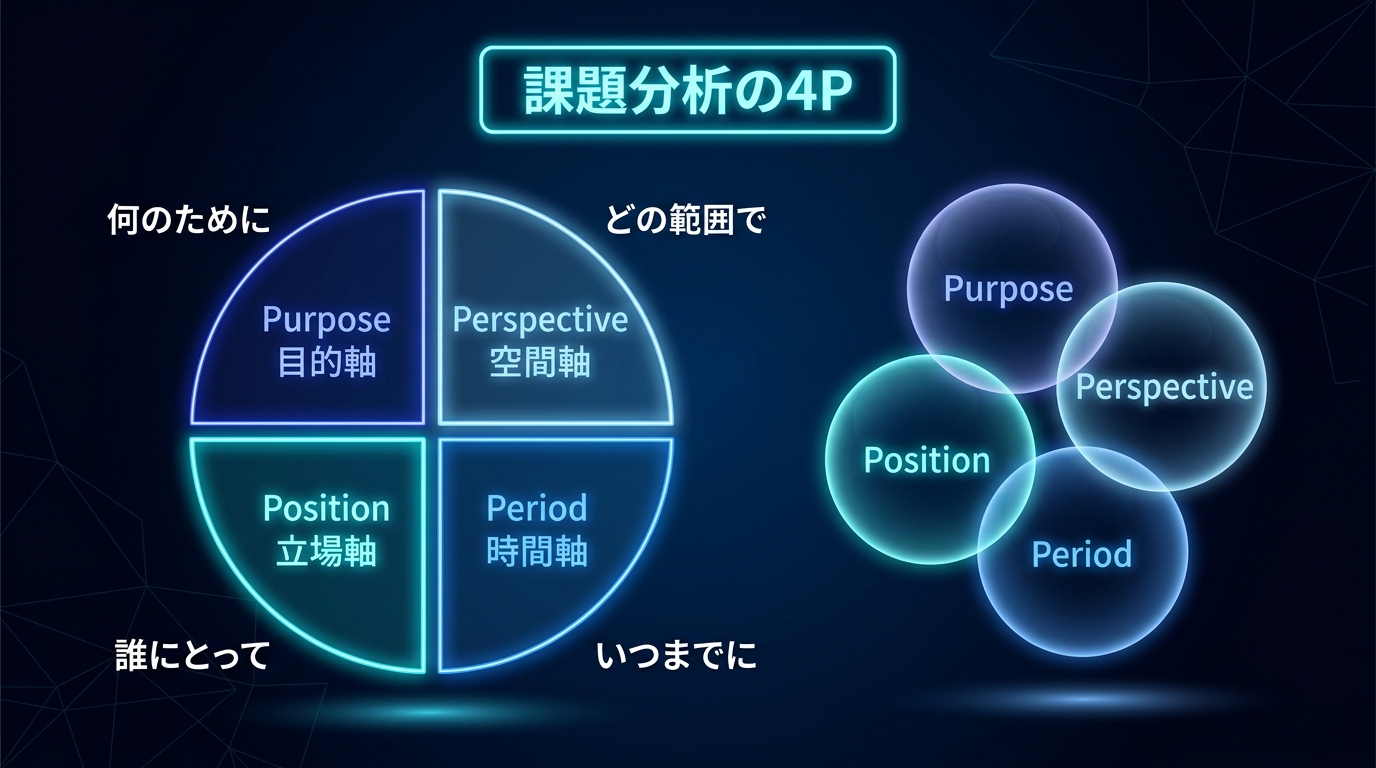 課題分析の4P - Purpose(目的軸)、Perspective(空間軸)、Position(立場軸)、Period(時間軸)